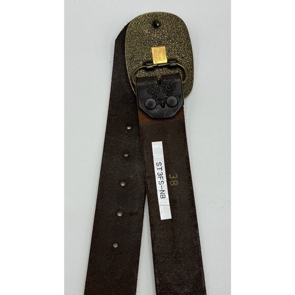Allison Daniel Designs Brown Tooled Leather Belt Navy Gold Lobster Buckle Sz 38 - Picture 5 of 8